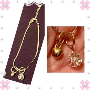 Bracelet - 9” -gold tone snake chain w/round glass ball & gold tone heart charms